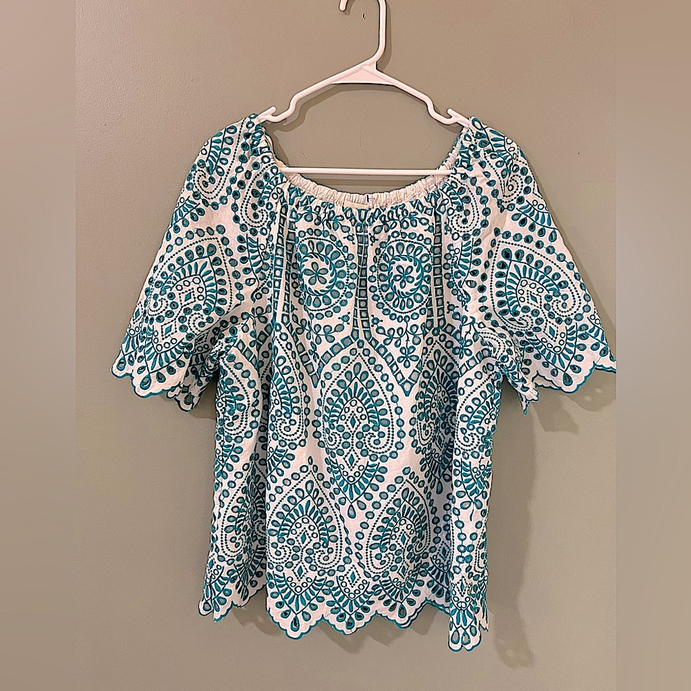 Chico’s Size 2 White Teal Embroidered Eyelet Blouse Top Cotton Scalloped Lined